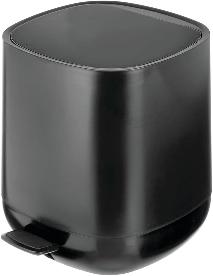 mDesign Plastic 1.3 Gallon/5 Liter Trash Can Waste Basket for Bathroom with Lid, Step Pedal Dustbin, and Removable Liner Bucket - Small Garbage Bin for Bathroom, Bedroom, or Office - Black