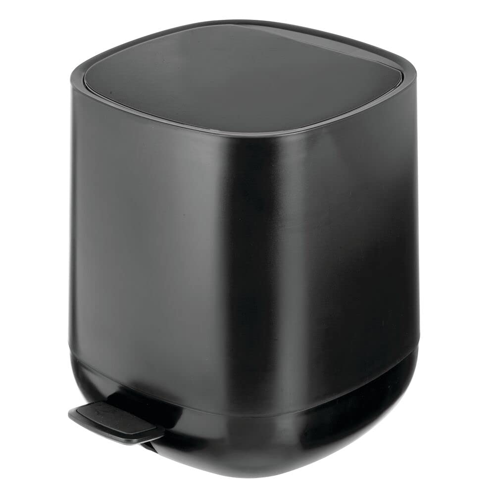 mDesign Plastic 1.3 Gallon/5 Liter Trash Can Waste Basket for Bathroom with Lid, Step Pedal Dustbin, and Removable Liner Bucket - Small Garbage Bin for Bathroom, Bedroom, or Office - Black
