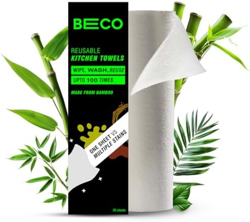Beco Reusable Kitchen Towel Roll-2000 Times Washable|Soft & Highly Absorbent|Better Alternative to Dishcloth, Kitchen Tissue Paper Roll/Paper Towel|Eco Bamboo Wipes for Home Cleaning|20 Sheets