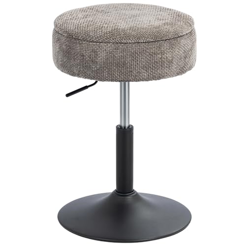 HOMCOM Taburete de Bar con Almacenaje, Altura Ajustable, Taburete de Cocina Redondo, Giratorio, Tapizado en Chenilla, Base de Acero, Diseño Botones, Acolchado, para Salón, Comedor, Oficina, Gris