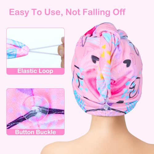 Image of FIOBEE Microfiber Hair Towel Wrap for Kid Girls Rapid Drying Hair Turbans | Absorbent & Soft Hair Wrap Towel, Easy Wear On With Button, For Girls Women Long Curly Hair, Turbie Twist Hair Towels