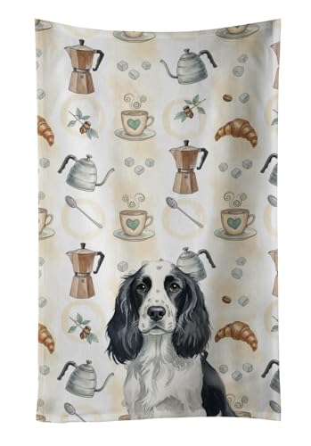 Caroline's Treasures Black and White English Springer Spaniel Coffee Bar Kitchen Towel Velour Plush Front and Cotton Loop Back Machine Washable