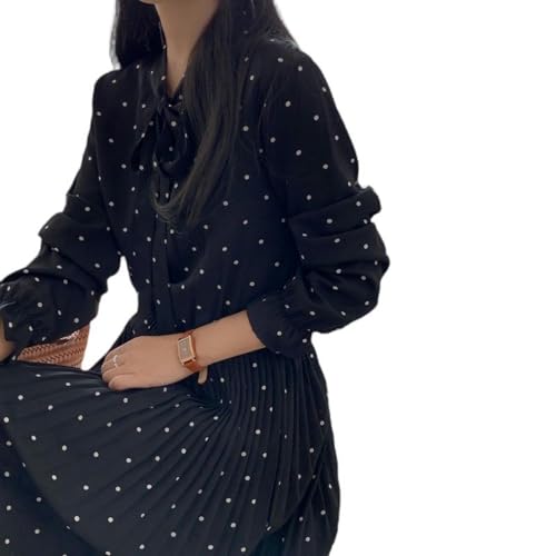 Long-Sleeved Chiffon Polka dot Dress for Women, ming Bottoming Long Skirt - Black - S