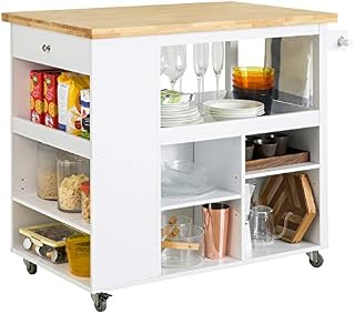 SoBuy FKW97-WN, Kitchen Storage Trolley Kitchen Cabinet Cupboard Sideboard Kitchen Island with Rubber Wood Worktop
