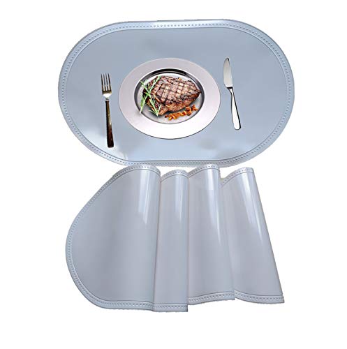 WANGCHAO Placemats Glossy Faux Leather Dining Table mats 12"X18" Set of 6 Waterproof Wearproof WIPEABLE Washable Heat Resistant Thermoforming Place Mats (Oval Placemats, White)