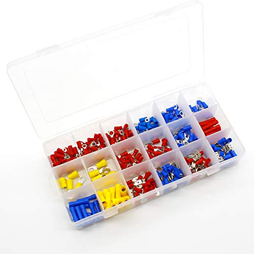 Kit di terminali a crimpare per cavi elettrici da 300 pezzi, connettori a forcella con terminazione isolata, rosso, giallo e blu, set di terminali assortiti.