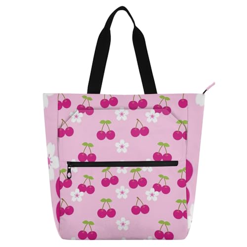 Bolsa de tela para compras y viajes con estampado de flores y cerezas rosas