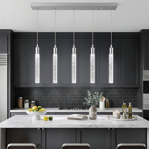 Image of Kitchen Island Lighting Modern Light Fixture Chrome Pendant Light Dimmable LED Chrome Finish Mini Crystal Pendant Lights for Dining Room Living Room(5-Light)