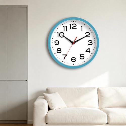Image of Roymnie 10 Inch Wall Clock, Battery Operated Silent Non Ticking Blue | analog wall clock; bold numerals for easy reading; silent non-ticking; 1 AA battery (not included); for classroom