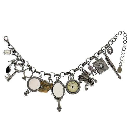 Black Fairytale Lucky Charms Link Chain Cuff Bangle Bracelet Wonderland Style Frog Mirror Clock Heart Teapot Pendants Party Friendship Gift