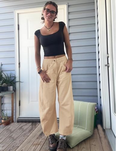 Flygo Womens Corduroy Pants Mid Rise Corduroy Barrel Pants Wide Leg Elastic Waist Cord Pants Casual Baggy Trousers(Beige-L)2