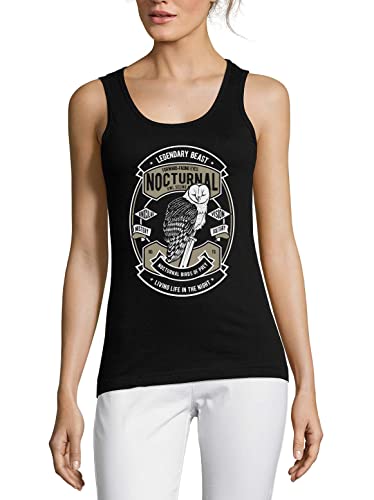 Débardeur chouette femme noir en coton t-shirt oiseaux de nuit style décontracté