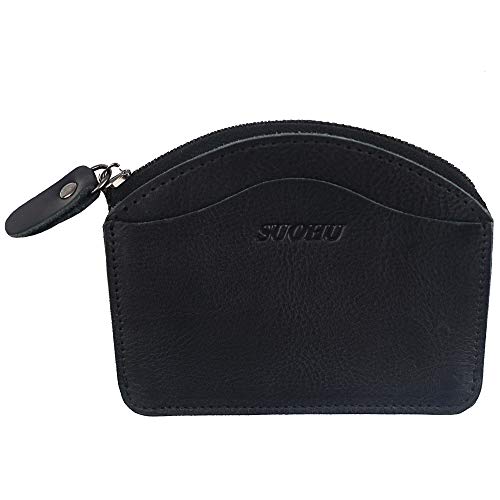 SUOHU Small leather coin purse Men's Retro Small Wallet Ladies Leather Zipper Coin Purse?Black?