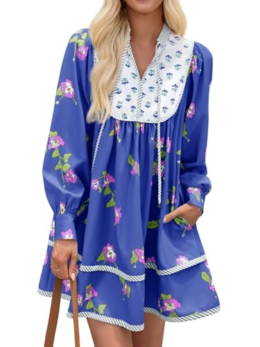 Image of Wenrine Womens Casual Floral Mini Dress Fall Long Sleeve V Neck Patchwork Loose Boho Shirt Dresses
