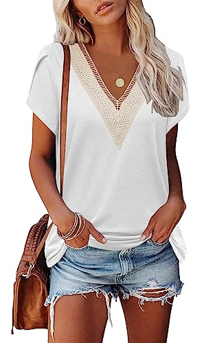 Famulily Damen T-Shirt V Ausschnitt Damen Sommer Lässige Oberteile Blütenblatt Kurzarm Tops Casual Elegant Bluse (XL,Weiß)