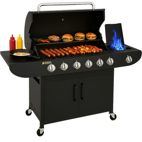 Deluxe 6+1 Gas Burner Grill BBQ Barbecue Side Burner Storage Garden Black