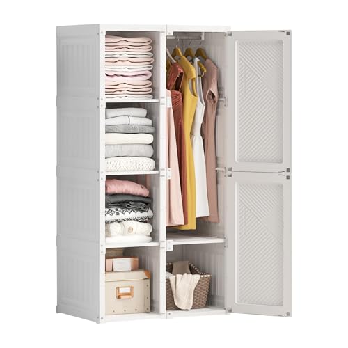 BPKADHY Weißer Tragbarer Kleiderschrank, Schrank 69x136x50 cm Faltbarer Mehrzweckschrank mit Kleiderstange und Magnettüren, Sehr Einfache Montage, für Wohnzimmer Schlafzimmer Wohnung (Weiße Tür)