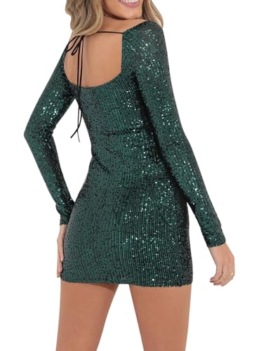Image of Women Sparkle Sequins Mini Dress Sexy Tie Back Bodycon Dress Long Sleeve Shiny Evening Dresses Night Out Party Outfits