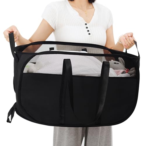 MOOMASS Pop-Up Laundry Basket，collapsible Mesh Laundry Hamper– With Extended Shoulder Straps, Sturdy Handles, and Premium Cationic Fabric (black)…