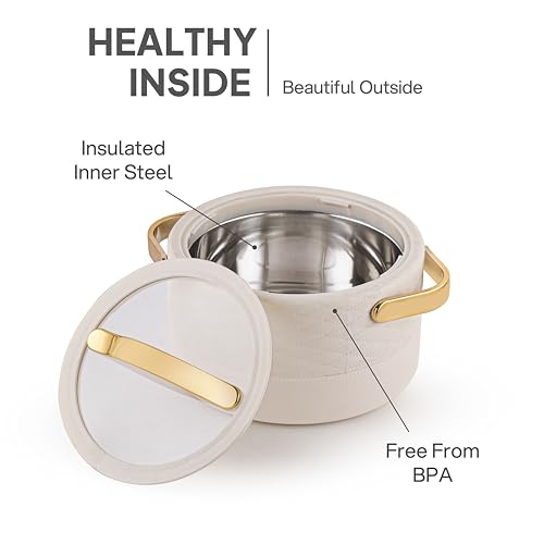 Image of CELLO Velvetto Deluxe 2500 Insulated Casserole Hot Box for Kitchen 2500 ml, Cream | Airtight See Through Lid Hot Pot Case Keeps Food Hot & Warm for Long Hours, Casserole Set for Roti, Rice & Biryani