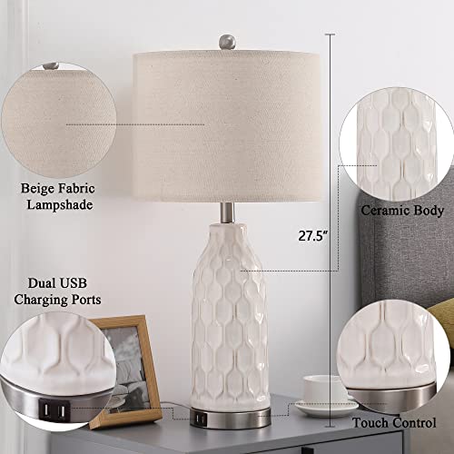 Ceramic Table Lamp Set Of 2 For Living Room, 27.5" Modern Bedside Nightstand Lamp With Glazed Finish, 3-Way Dimmable Touch Control Farmhouse Table Lamp With Linen Shade For Bedroom (Bulbs Included) #TOP1