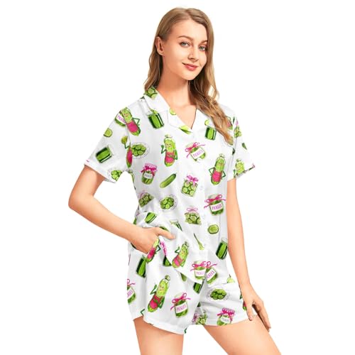Image of Funny Pajamas for Women Set Print Satin Loungewear Pjs Short Sleeve Button Down Top and Shorts Sets Sleepwear XS-3XL