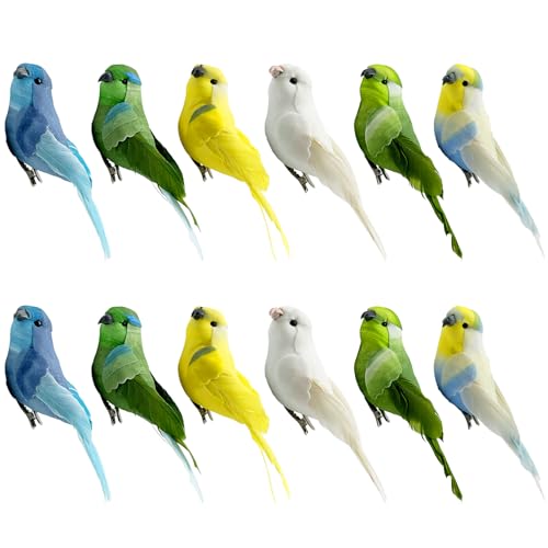 LWINGFLYER 12pcs Artificial Birds Clip on Realistic Parrots Parrotlet 5Inch Foam Feather Birds Ornaments for Tree Decoration Crafts Christmas Spring Wreaths Decor Floral Arrangements