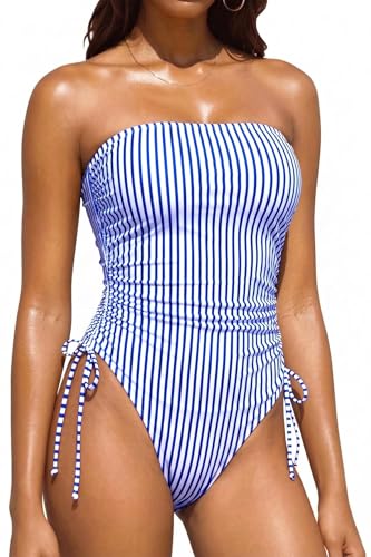 Image of Yonique Women Strapless One Piece Swimsuit Tummy Control Bandeau Bathing Suit Cheeky Swimwear