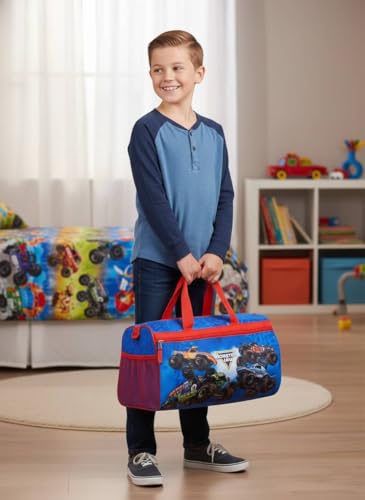 Image of Monster Jam Kids' Duffle Bag - Truck-Themed Travel Gym Bag with Adjustable Shoulder Strap, Mesh Side Pockets & Zipper Pocket
