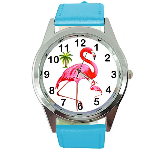 Taport Flamingo rotondo orologio al quarzo blu cuoio fascia