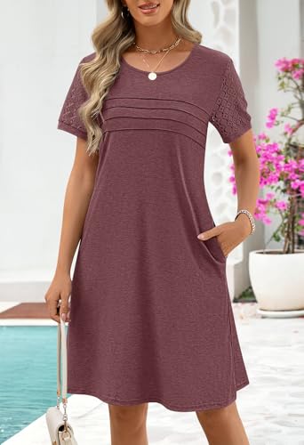 Image of MEROKEETY Women's Summer Short Lace Sleeve T Shirt Dress Casual Crew Neck Pleated Front Shift Dresses