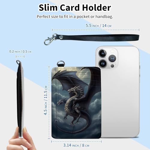 Slim Minimalist Wallet for Men & Women [ Wrist Strap ] Credit Card Holder Wallets RFID Blocking PU Leather Front Pocket Small Card Cases Sleeves with ID Window, Dragon2