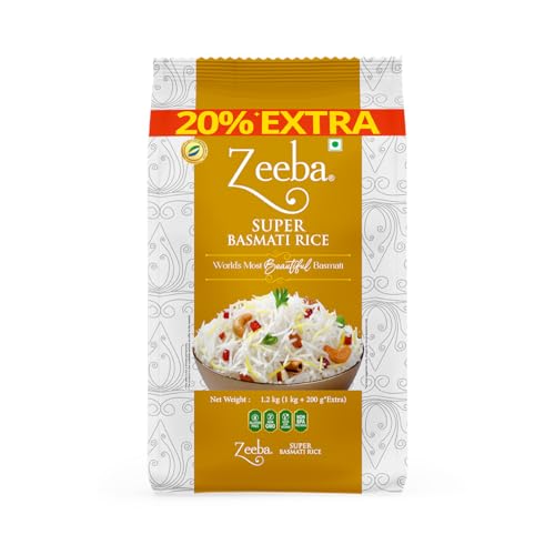 Image of Zeeba Super Basmati Rice 1.2 Kg, Fluffy & Naturally Aromatic, Gluten Free Fine Grains (Cooked length upto 23mm*)