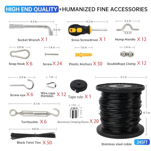 YingYa BIS 246FT Black Vinyl Coated 304 Stainless Steel Wire Rope Cable Kit – Heavy Duty Outdoor String Light Hanging Guide Wire with M5 Turnbuckle for Patio, Garden, Christmas Lights by YingYa BIS - Image 6