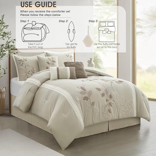 LANCO MODERN LIFESTYLE Beige King Comforter Set, 7 Pieces Bed in a Bag, Elegant Floral Leaves Embroidery, Soft and Lightweight All Seasons Bedding Set, Bedskirt, Pillow Shams, Decor Pillows by LANCO MODERN LIFESTYLE - Used condition - Image 7