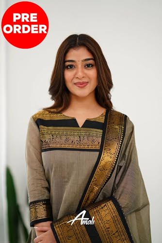 Image of TWINLIGHT Women's Kanchi Cotton Elephant Jaquard Work Kurta and Dupatta Set | V Neck 3 /4 Sleeves Straight Calf Length Kurti with Jaquard Border Work Dupatta | Kurti Set for Women