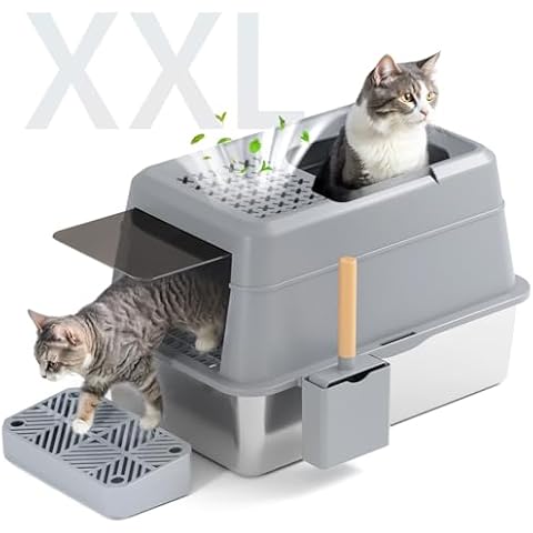 FRETONBA Stainless Steel Cat Litter Box with Lid, XXL Extra Large Metal Litter Box, Enclosed Litter Box for Big Cats, Anti-Stick, No Smell, Easy to Clean Litter Box with Foot Pedal/Litter Scoop(Grey) Cover