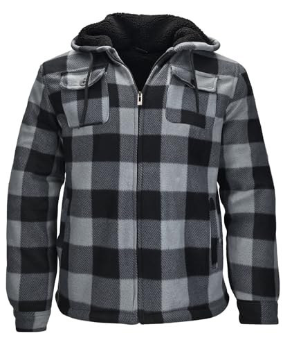 Image of Men's Flannel Jacket Hoodie Full Zip Up Plaid Thick Fleece Sherpa Lined Sweatshirt Winter Warm Coats