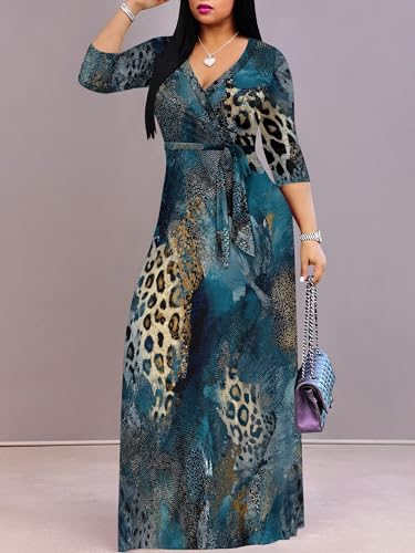 Image of PinkPatty Plus Size Dresses for Curvy Women V Neck Flowy Long Sleeves Wrap Maxi Dress Travel Vacation Outfits