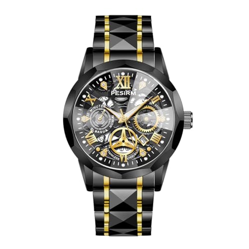Image of Watch for men,Men's skeletonized quartz watch with black and gold two-tone stainless steel case, analog display, date display, water-resistant, luminous display, men's waterproof quartz watch. (Black dial, black strap)