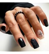 Black Press on Nails Short Square, Christmas Fake Nails Black Snowflake Glitter Acrylic Nails Glo...
