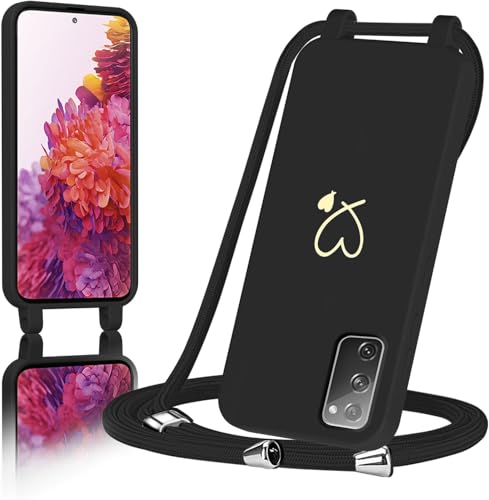 AoozeFon Handyband für Samsung Galaxy S20 FE Hülle mit Band Handyhülle Silikon mit Goldenem Herzmuster für Samsung S20 FE Abnehmbare Stoßdämpfend Handytasche mit Nylon-LanyardSchwarz
