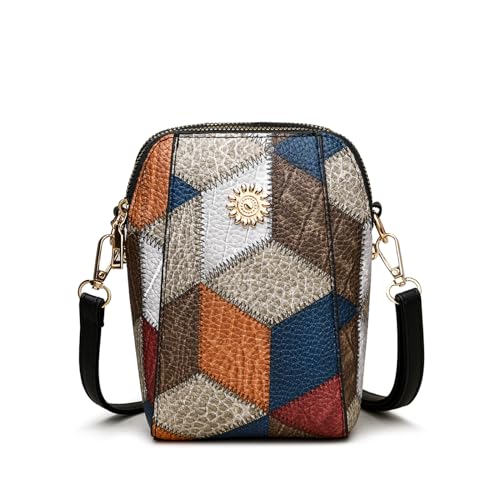 Leather Small Crossbody Bags Purses for Women Vintage Color-block style Cell Phone Shoulder Bag