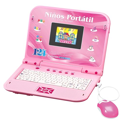 Happiegg Ordenador Infantil Bilingüe, Juguete Niños con 124 Actividades (Español/Inglés) , Enseña Vocabulario y Matemáticas, Jugar, Escuchar Música, Regalos Cumpleaños Navidad para Niños Niñas - Rosa