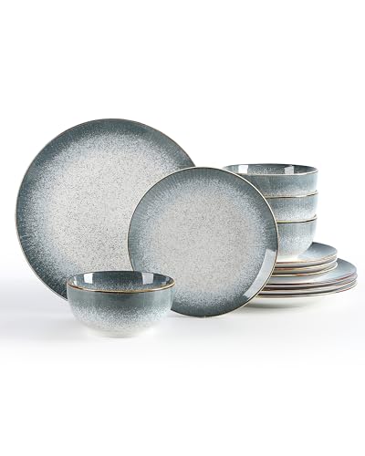 Sweejar Dinnerware Sets Service for 4, 12 pcs Porcelain Plates and Bowls for Kitchen, Housewaring Gift, Chip and Scratch Resistant Dish Set, Handmade Dishwasher and Microwave Safe Plate Set, LightGray