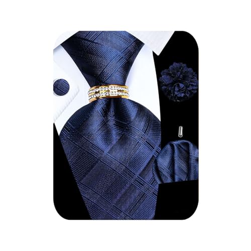 Image of 5PCS Mens Silk Tie, Pocket Square, Cufflinks, Drilled Tie Ring and Lapel Pin Set for Wedding Groom Party