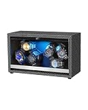 GLOKUUCA Watch Winder 6 with LED and Super Quiet Motor 4 Rotating Modes, Wooden Watch Storage Case Watch Shaker with USB Cable Gift (Black Carbon Fiber)