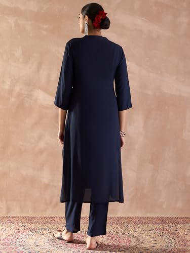 Image of INDO ERA Women's Viscose Rayon Floral Embroidered Straight Calf Length Kurta & Pant Set (IEAI12330)