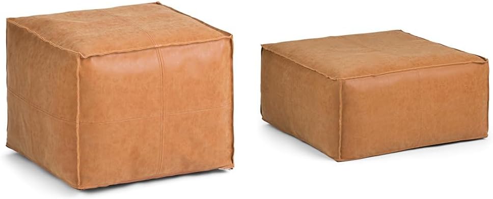 SIMPLIHOME Brody 18-Inch Wide Pouf and 30-Inch Wide Large Square Coffee Table Pouf Bundle in Distressed Brown, Vegan Faux Leather Ottoman, Footrest, or Extra Seating for Living Room, Assembled
