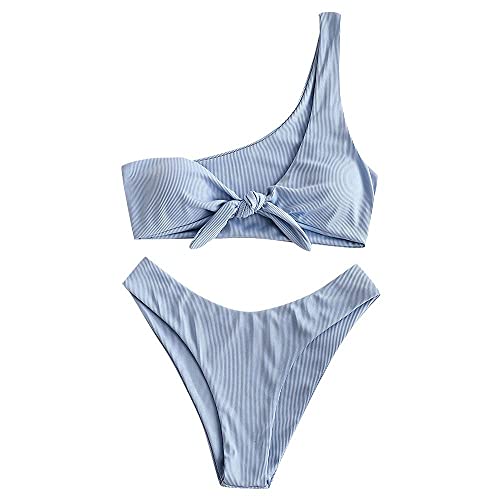ZAFUL one Shoulder Bikini Set Swimsuit Ribbed tie Knot Swimwear Blue